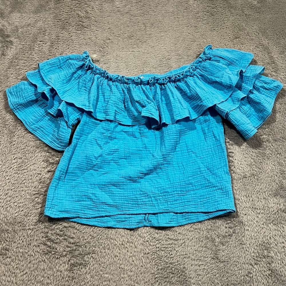 Umgee Ruffle Sleeve Top Women L Blue Off Shoulder Gauze Boho Peasant Blouse